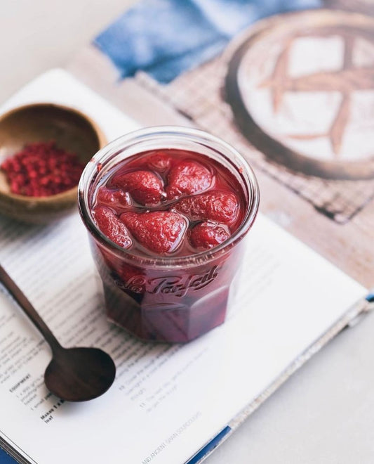 Le Parfait jam jar filled with strawberry jam