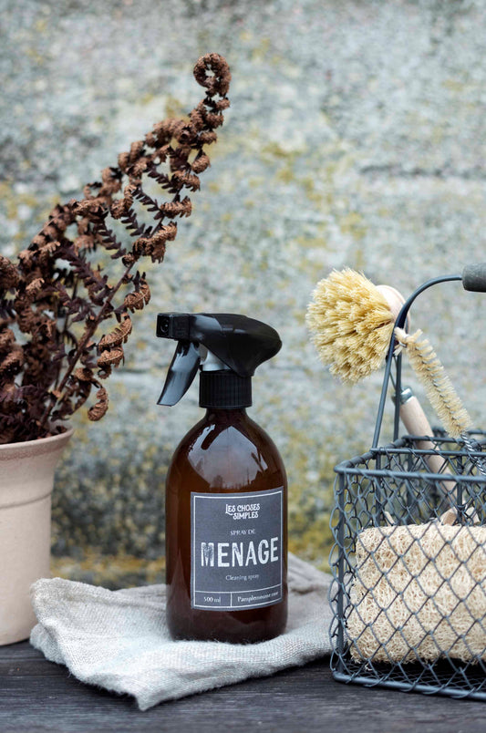 Menage Cleaning Spray against stone wall with dish brush and wire basket